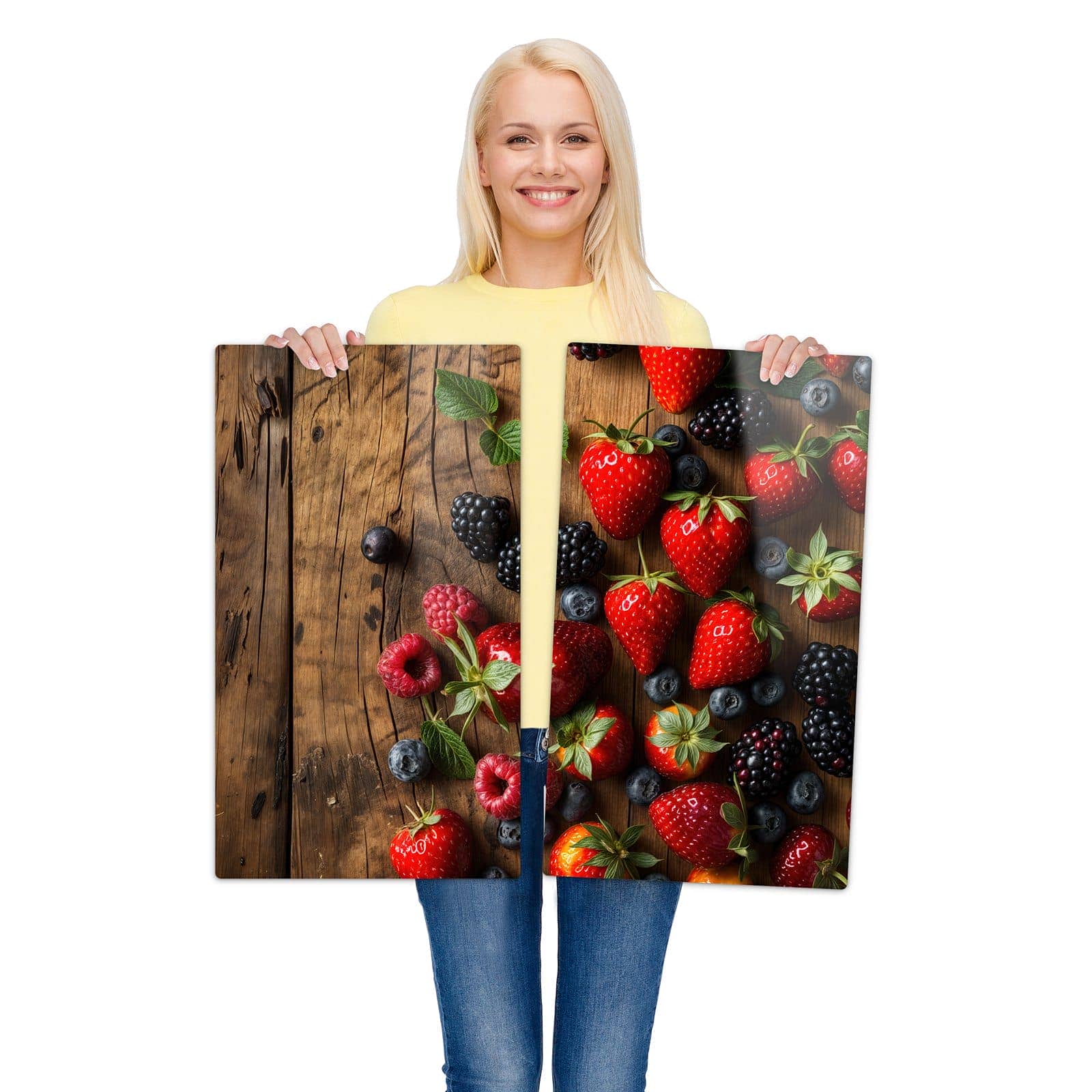 2-teilige Herdabdeckplatte mit Frische Beeren Exquisit-Motiv wird zur Größendarstellung gehalten