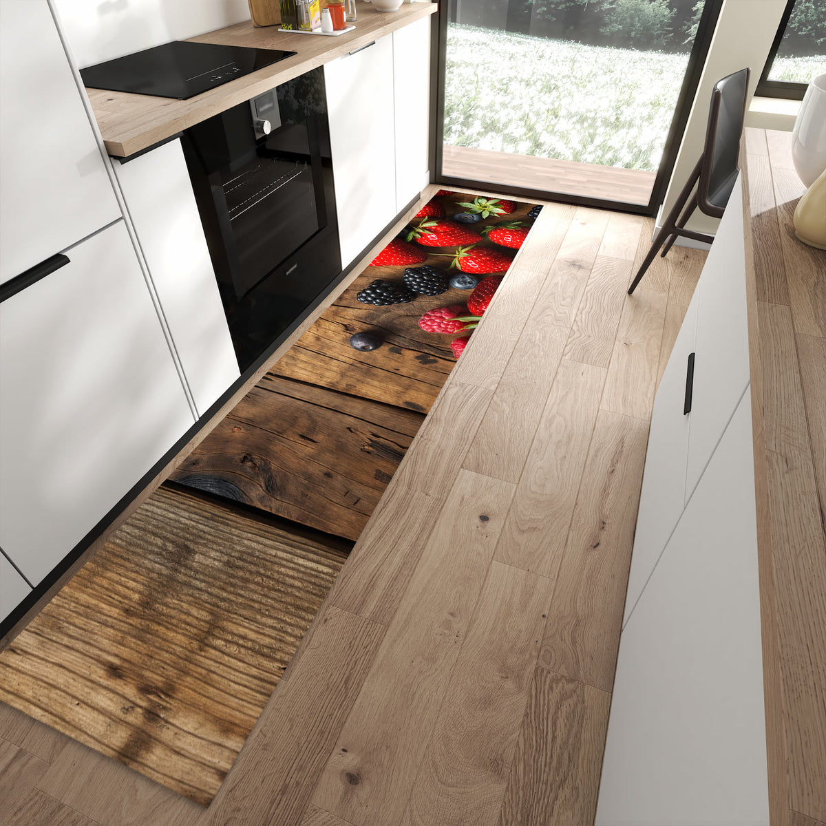 13 Größen – von 60 × 90 bis 80 × 300 cm – Küchenläufer - Beerenmix auf Holz