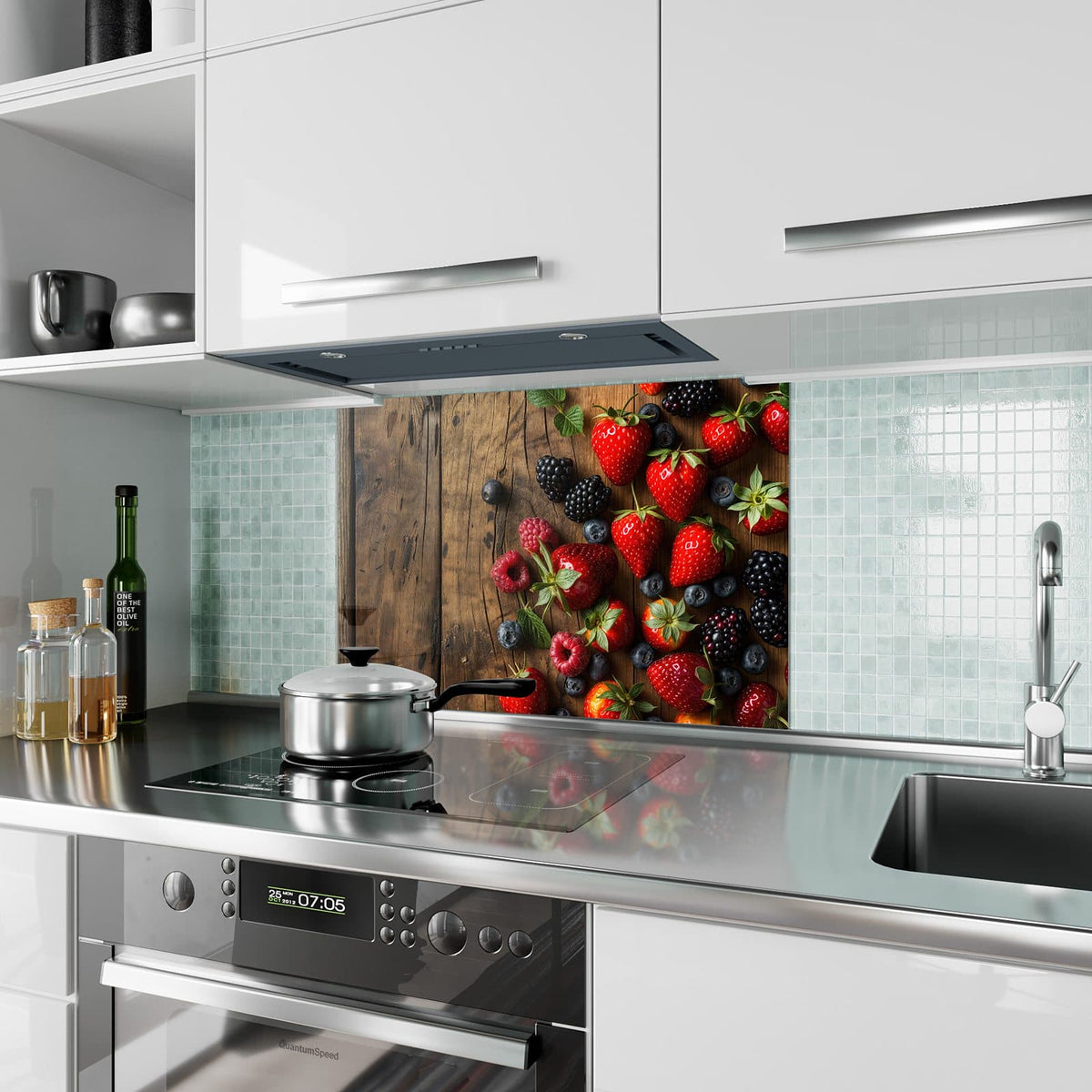 Küchenrückwand aus Glas Beerenmix auf Holz im Hochformat als Spritzschutz hinter dem Kochfeld, über dem Fliesenspiegel montiert