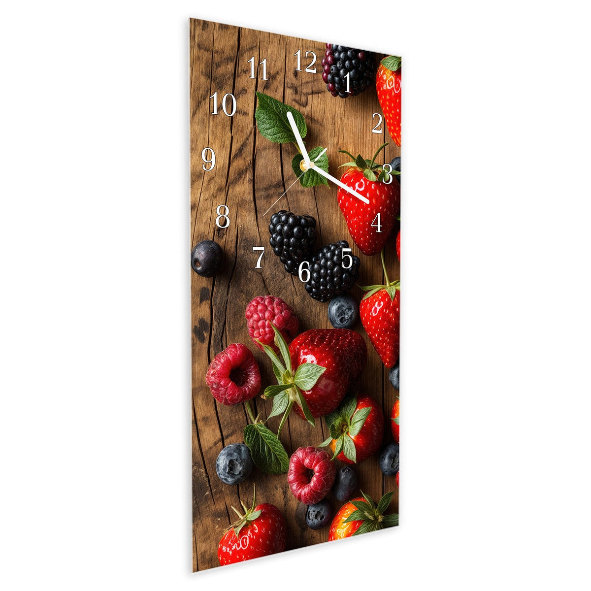 Vormontiert – mit Schwebeeffekt – Wanduhr Frische Beeren Exquisit aus Glas – Hochformat 30 × 60 cm