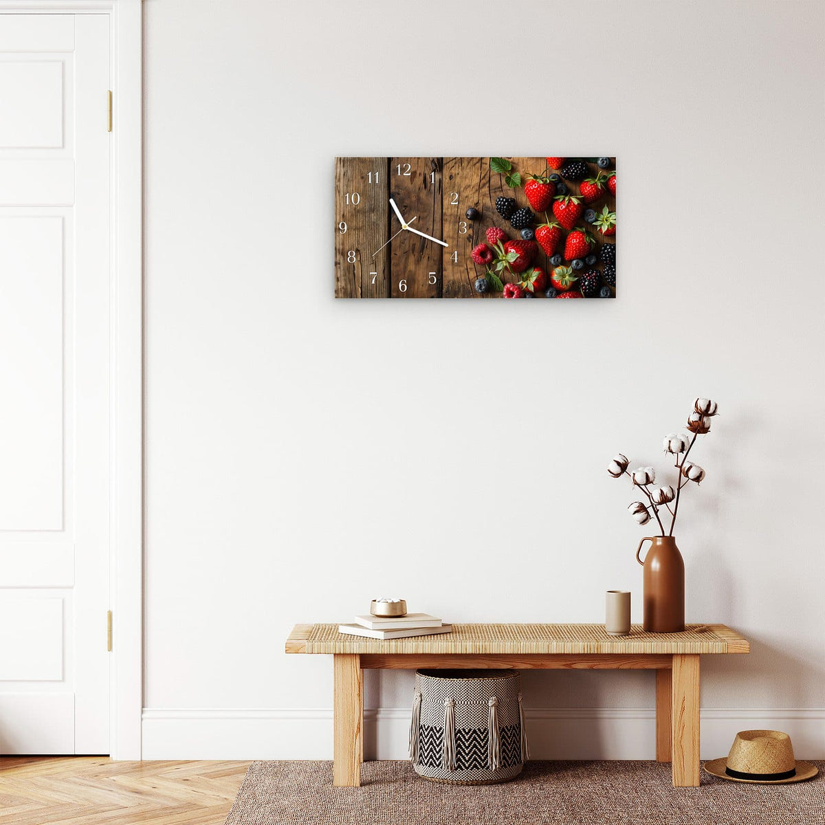 Moderne Wanduhr aus Glas mit Farbtiefe – Wanduhr Frische Beeren Exquisit aus Glas – Querformat 60 × 30 cm