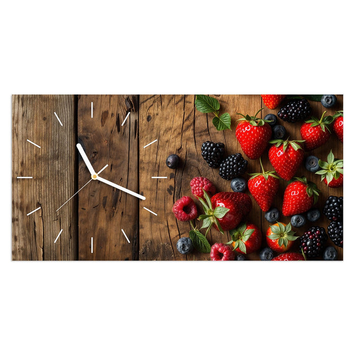 Wanduhr Frische Beeren Exquisit aus Glas – Querformat 60 × 30 cm mit Ziffernblatt Linie