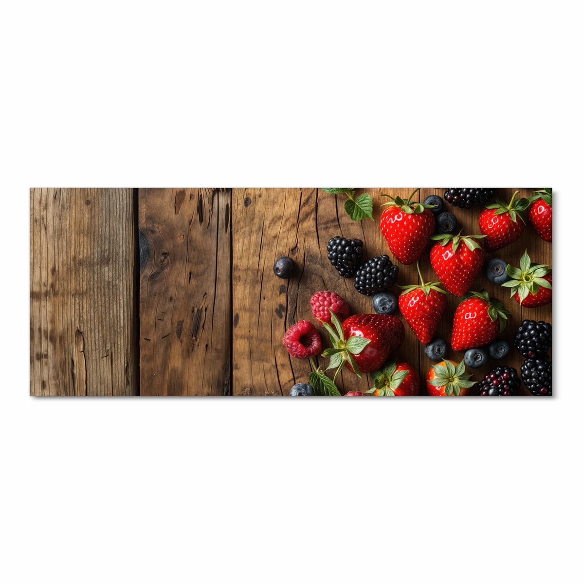 Erdbeeren, Brombeeren, Blaubeeren und Himbeeren mit Minze auf dunkel gemasertem Altholz