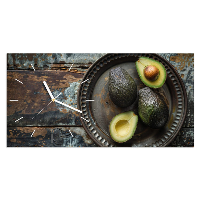 Wanduhr Avocados Holzteller aus Glas – Querformat 60 × 30 cm mit Ziffernblatt Linie