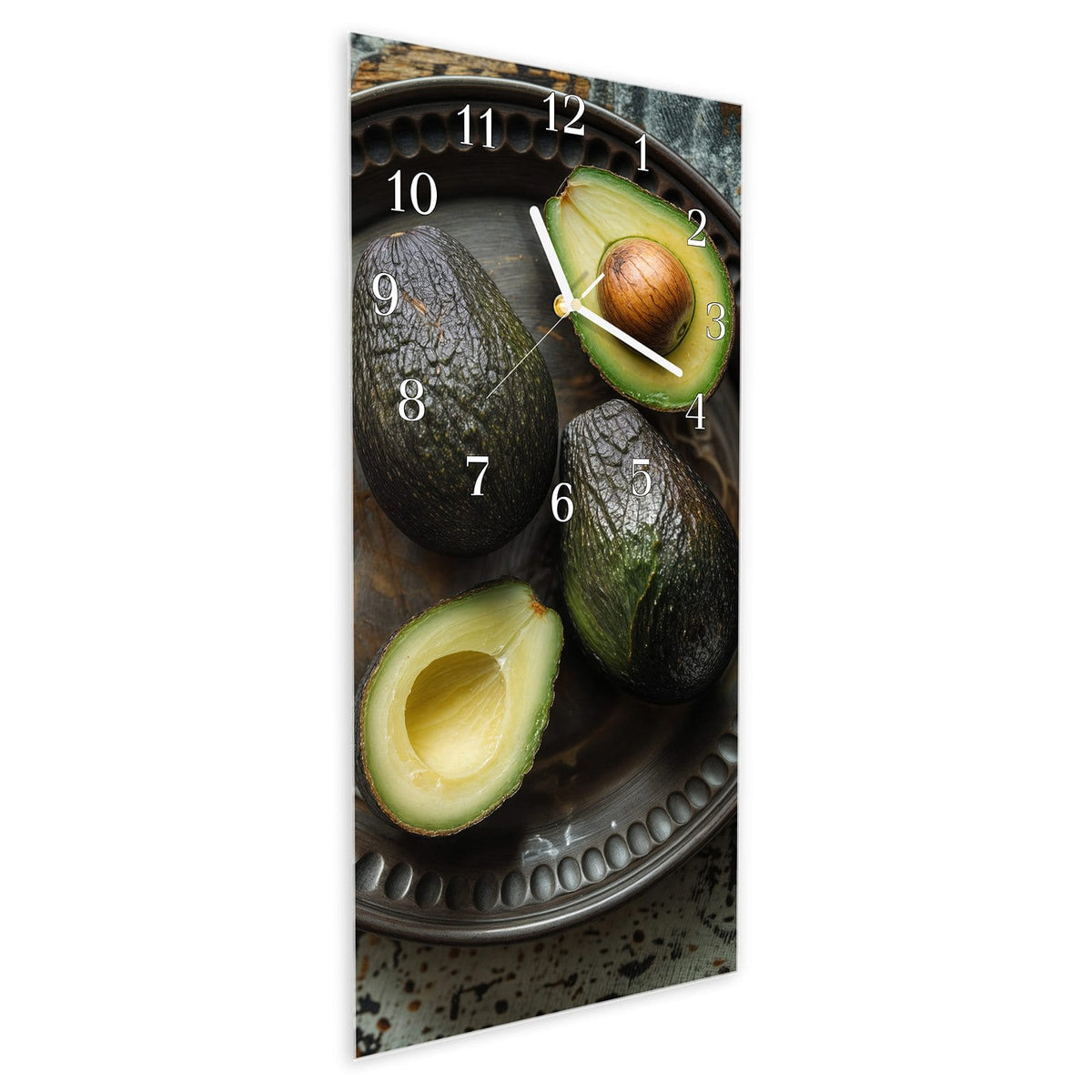 Vormontiert – mit Schwebeeffekt – Wanduhr Avocados Holzteller aus Glas – Hochformat 30 × 60 cm