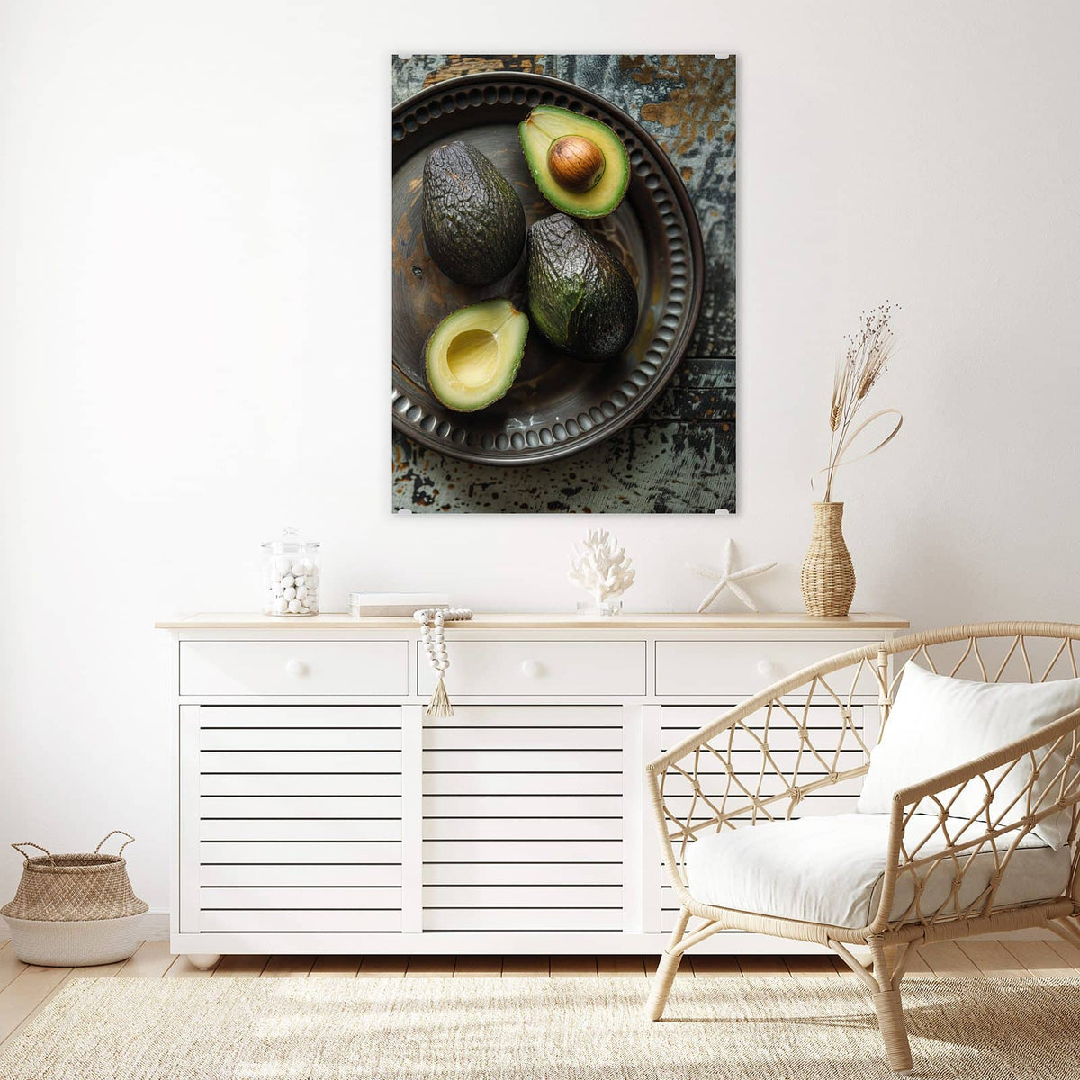 Aufhängung liegt bei – Motiv später wechselbar – Wandbild - Avocados auf Zinnteller - Hochformat