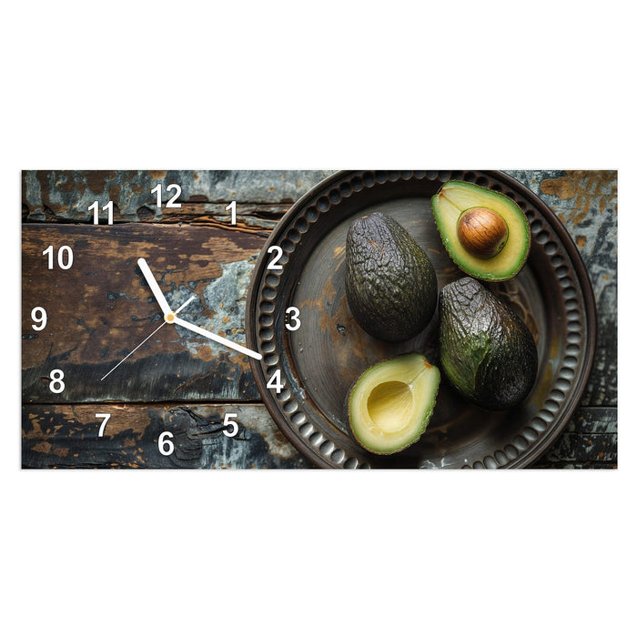 Wanduhr Avocados Holzteller aus Glas – Querformat 60 × 30 cm mit Ziffernblatt Modern