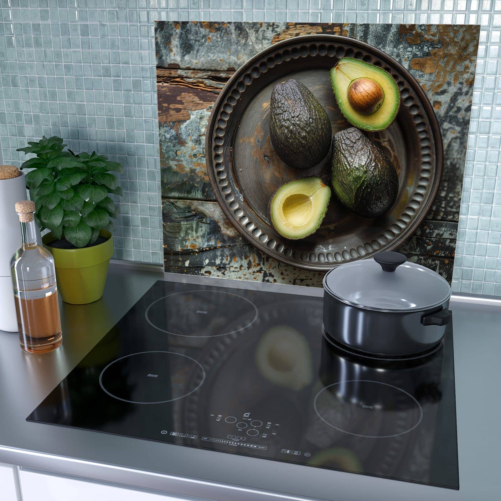 1-teilige Herdabdeckplatte aus Glas mit Avocados Holzteller-Motiv als Spritzschutz hinter dem Kochfeld