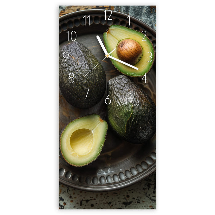 Wanduhr Avocados Holzteller aus Glas – Hochformat 30 × 60 cm mit Ziffernblatt Elegant