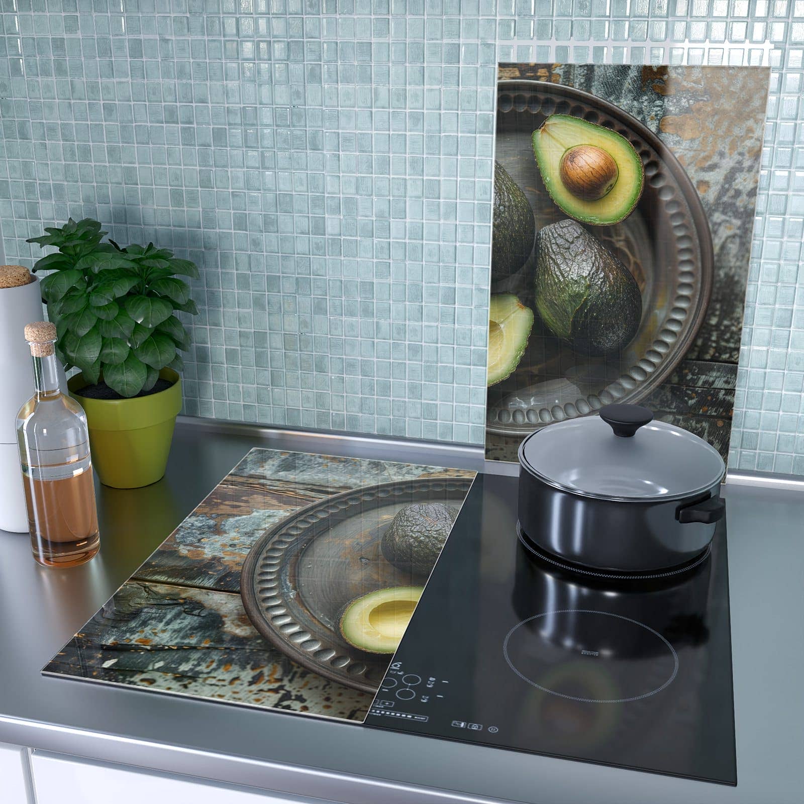 2-teilige Herd Schutzplatte mit Avocados Holzteller-Motiv als Spritzschutz hinter dem Kochfeld