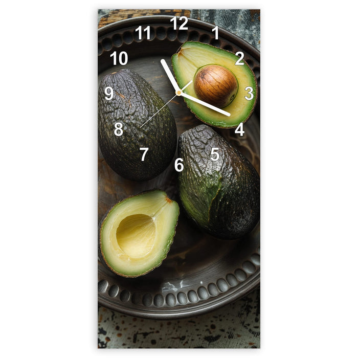 Wanduhr Avocados Holzteller aus Glas – Hochformat 30 × 60 cm mit Ziffernblatt Modern