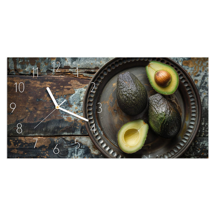 Wanduhr Avocados Holzteller aus Glas – Querformat 60 × 30 cm mit Ziffernblatt Elegant