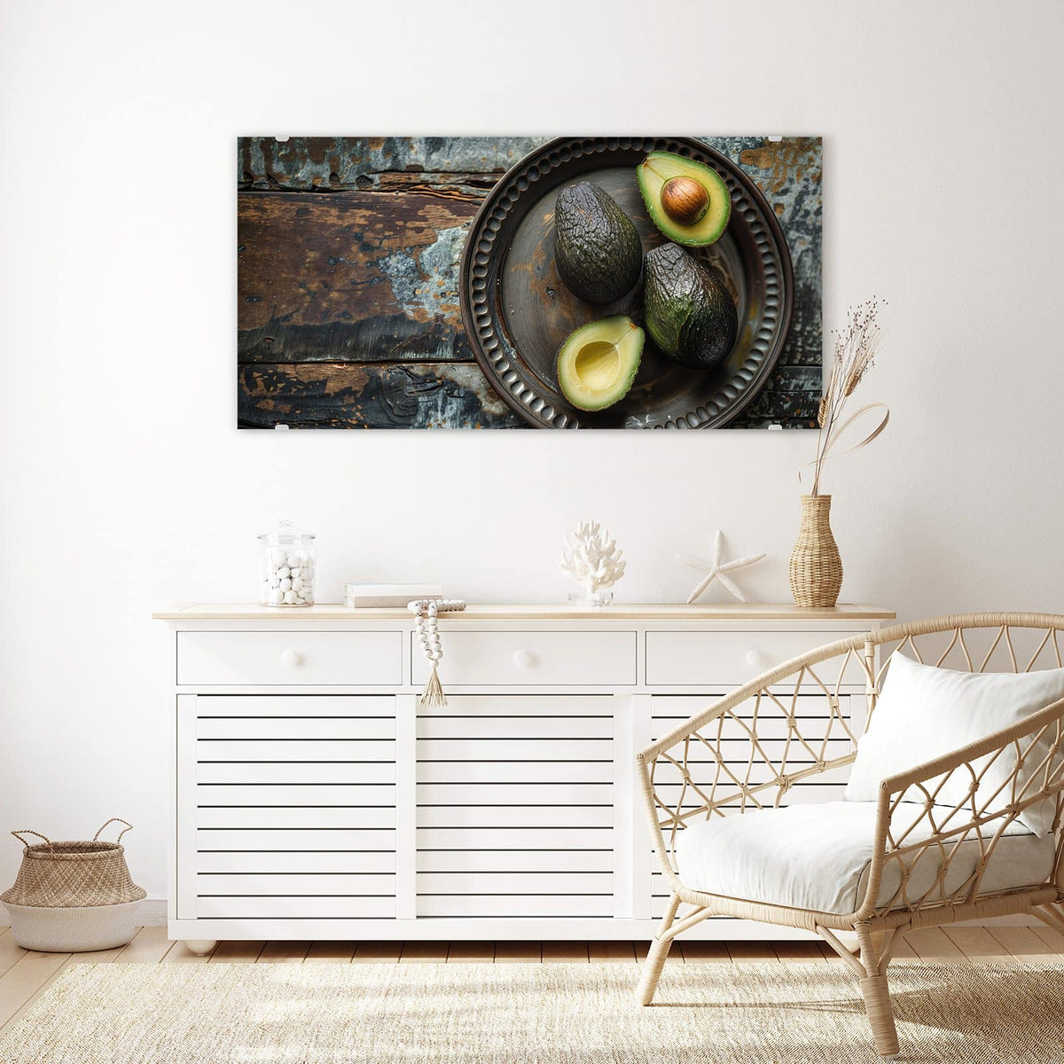 Echtglas, 4 mm – kein Acryl, keine Folie – Wandbild - Avocados auf Zinnteller - Querformat