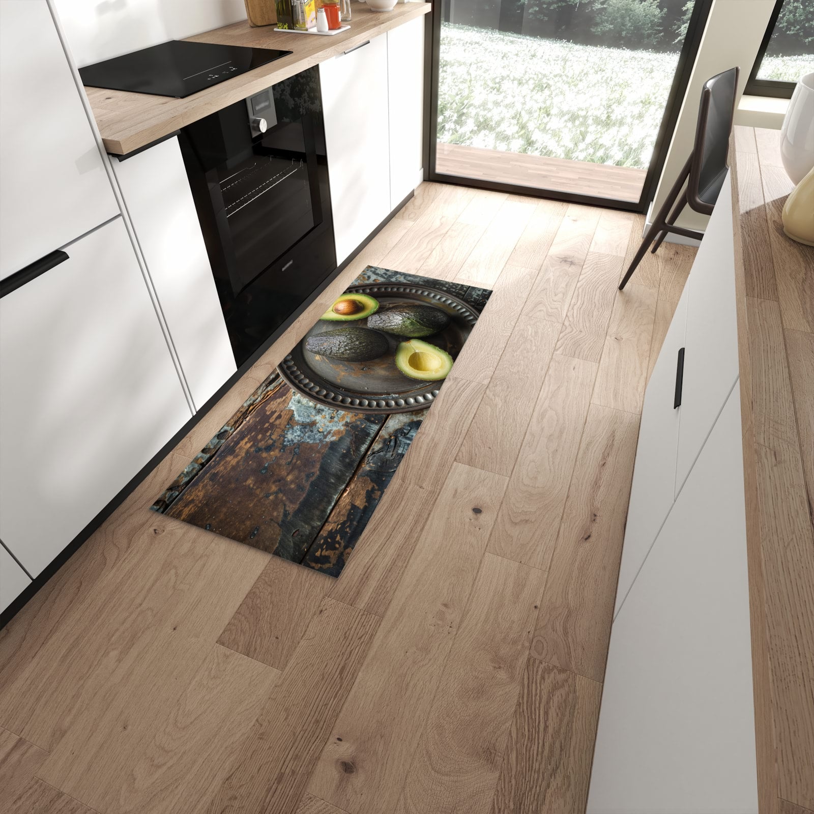 Wasserabweisender Teppich für die Küche mit Motiv Avocados Holzteller in moderner Küche #grösse_60 x 150 cm