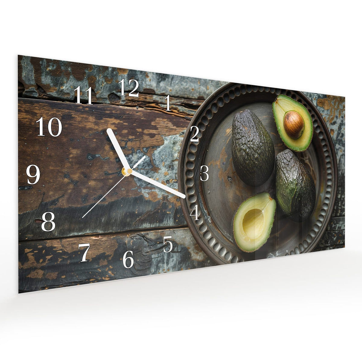 Vormontiert – mit Schwebeeffekt – Wanduhr Avocados Holzteller aus Glas – Querformat 60 × 30 cm