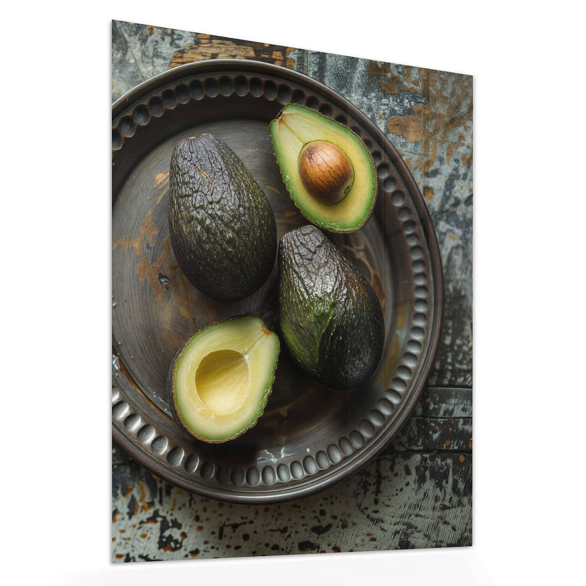 Echtglas, 4 mm – kein Acryl, keine Folie – Wandbild - Avocados auf Zinnteller - Hochformat