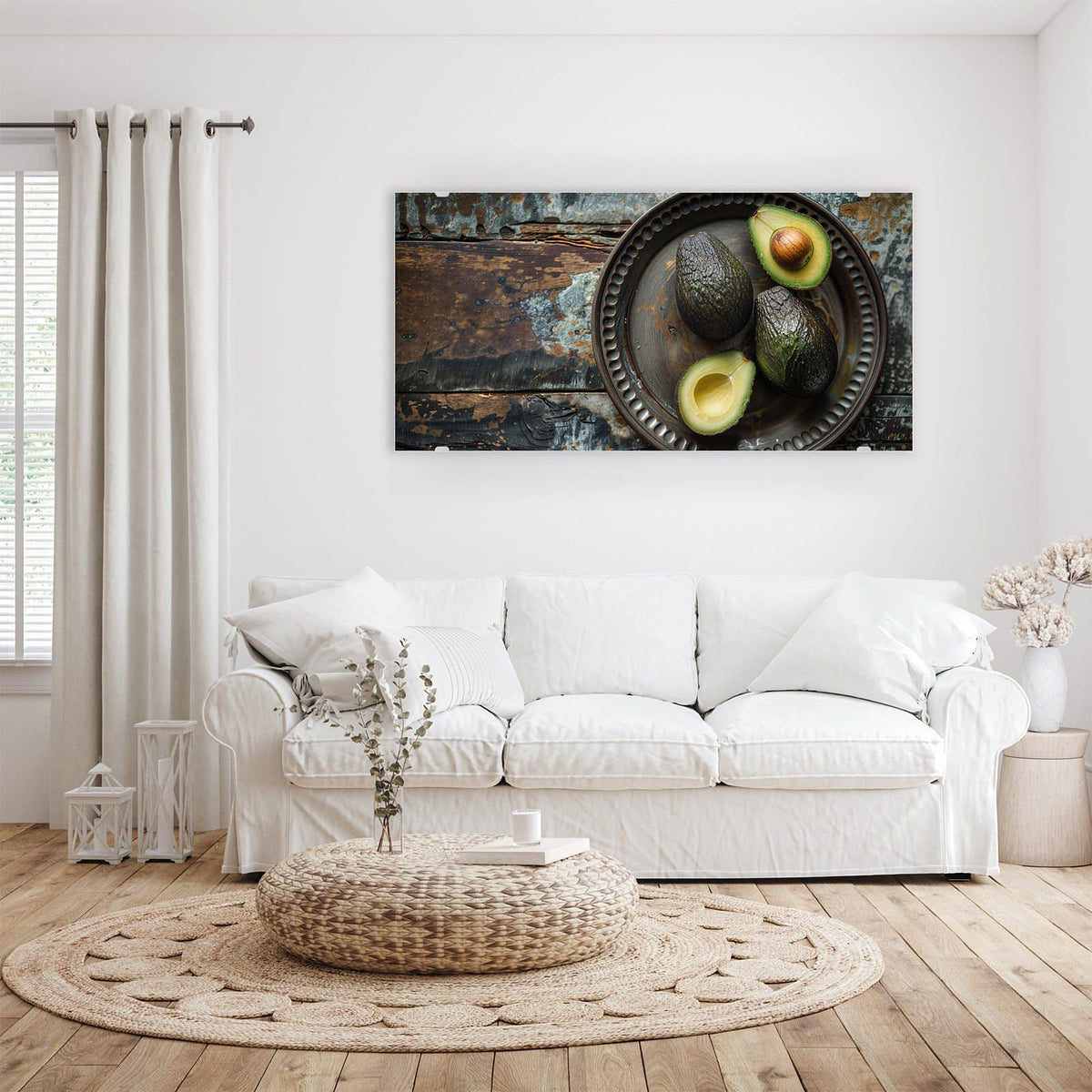 Wandbild - Avocados auf Zinnteller - Querformat – Avocados auf verwittertem Holztisch