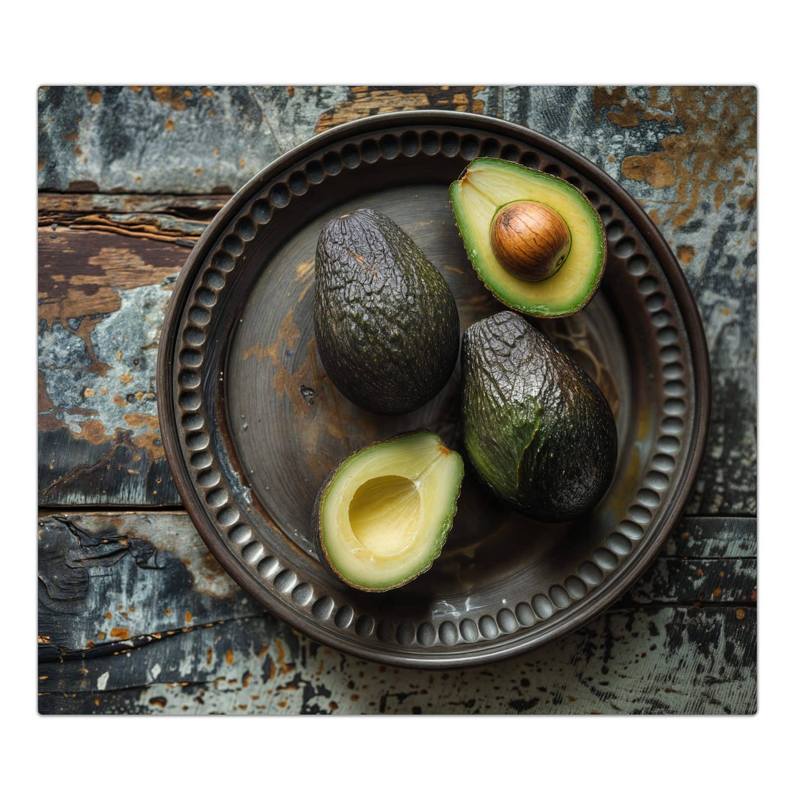 1-teilige Herdabdeckplatte mit Avocados Holzteller-Motiv in der Frontansicht #grösse_1-Teilig (60x52cm)