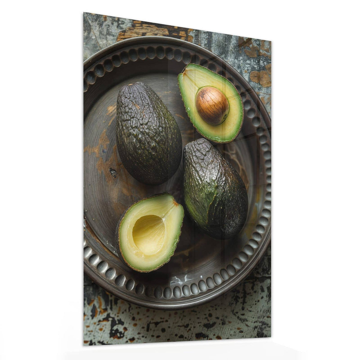 11 Größen – von 30 × 60 bis 60 × 150 cm – Wandbild - Avocados auf Zinnteller - Hochformat