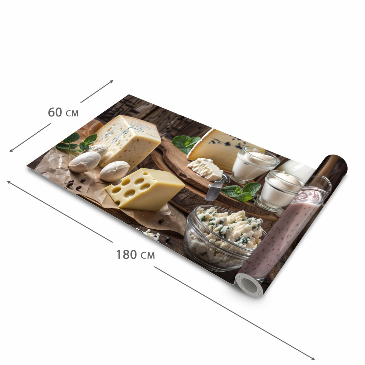 Bodenschonender Küchenläufer nach Maß mit Motiv Käseplatte mit Milch in der Größe 60x120 cm