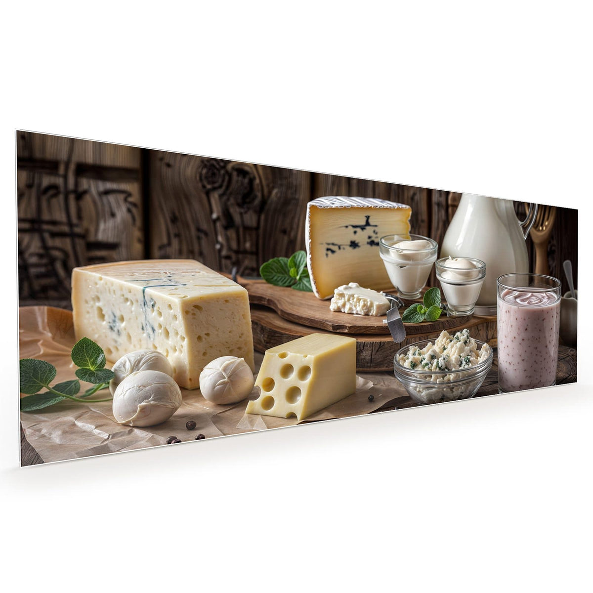 Küchenrückwand aus Glas im Hochformat: Käsestücke auf Brett, Milchkrug, Quark und Beerenjoghurt auf rustikalem Holz #grösse_40 x 100 cm #grösse_50 x 125 cm #grösse_60 x 150 cm