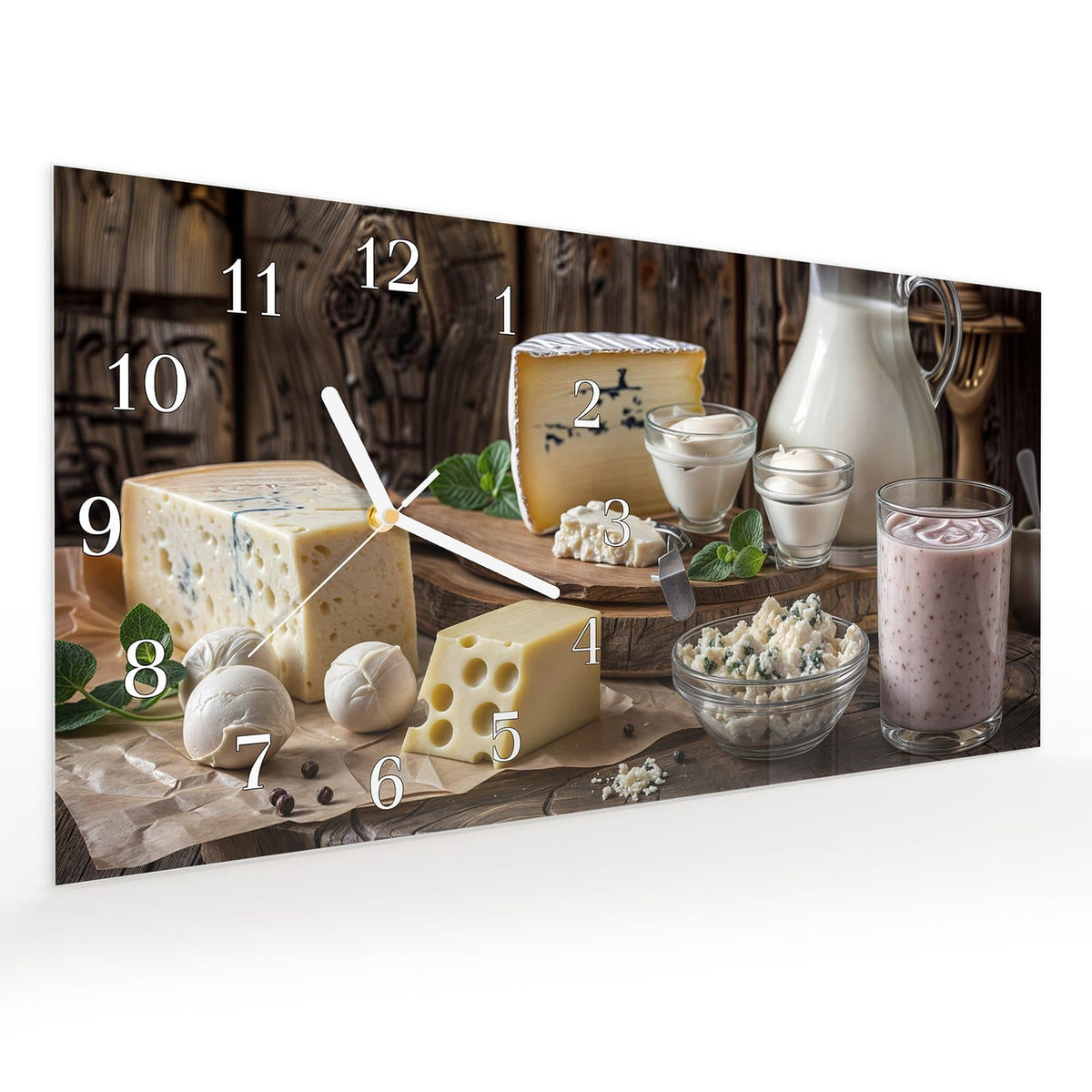 Vormontiert – mit Schwebeeffekt – Wanduhr Käseplatte mit Milch aus Glas – Querformat 60 × 30 cm