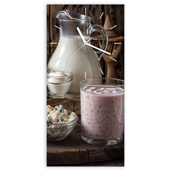 Wanduhr Käseplatte mit Milch aus Glas – Hochformat 30 × 60 cm mit Ziffernblatt Linie