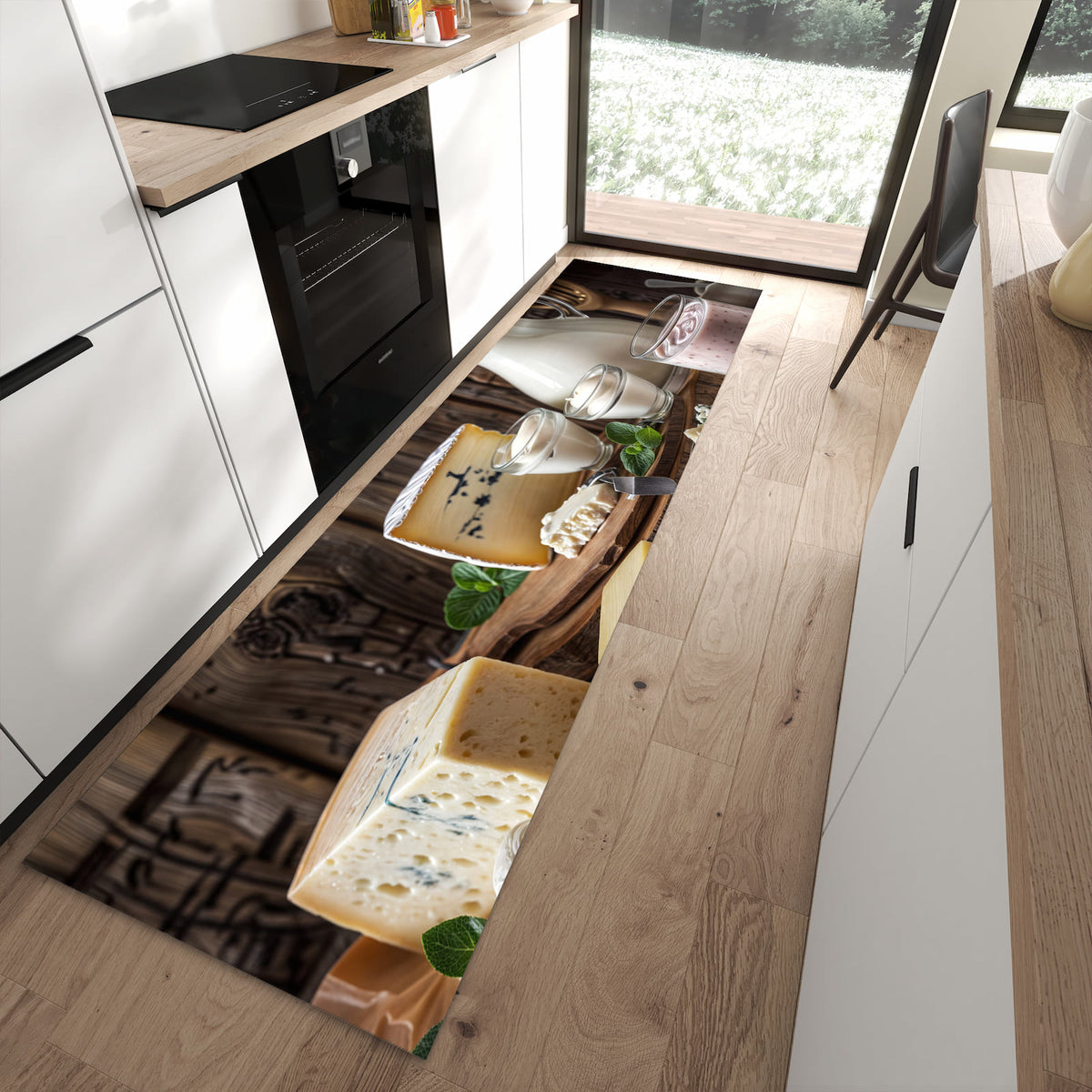 Zeitsparender abwaschbarer Küchenteppich mit Motiv Käseplatte mit Milch in moderner Küche