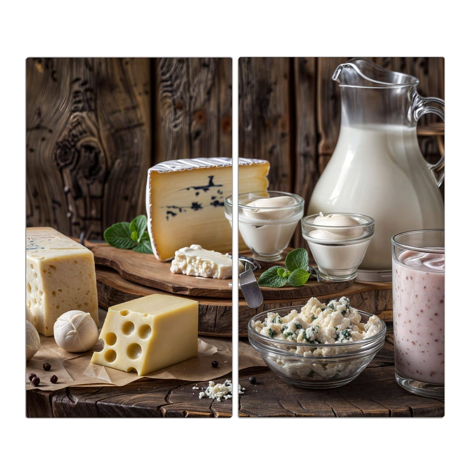 2-teilige Herdabdeckplatte aus Glas mit Käseplatte mit Milch-Motiv in der Frontansicht