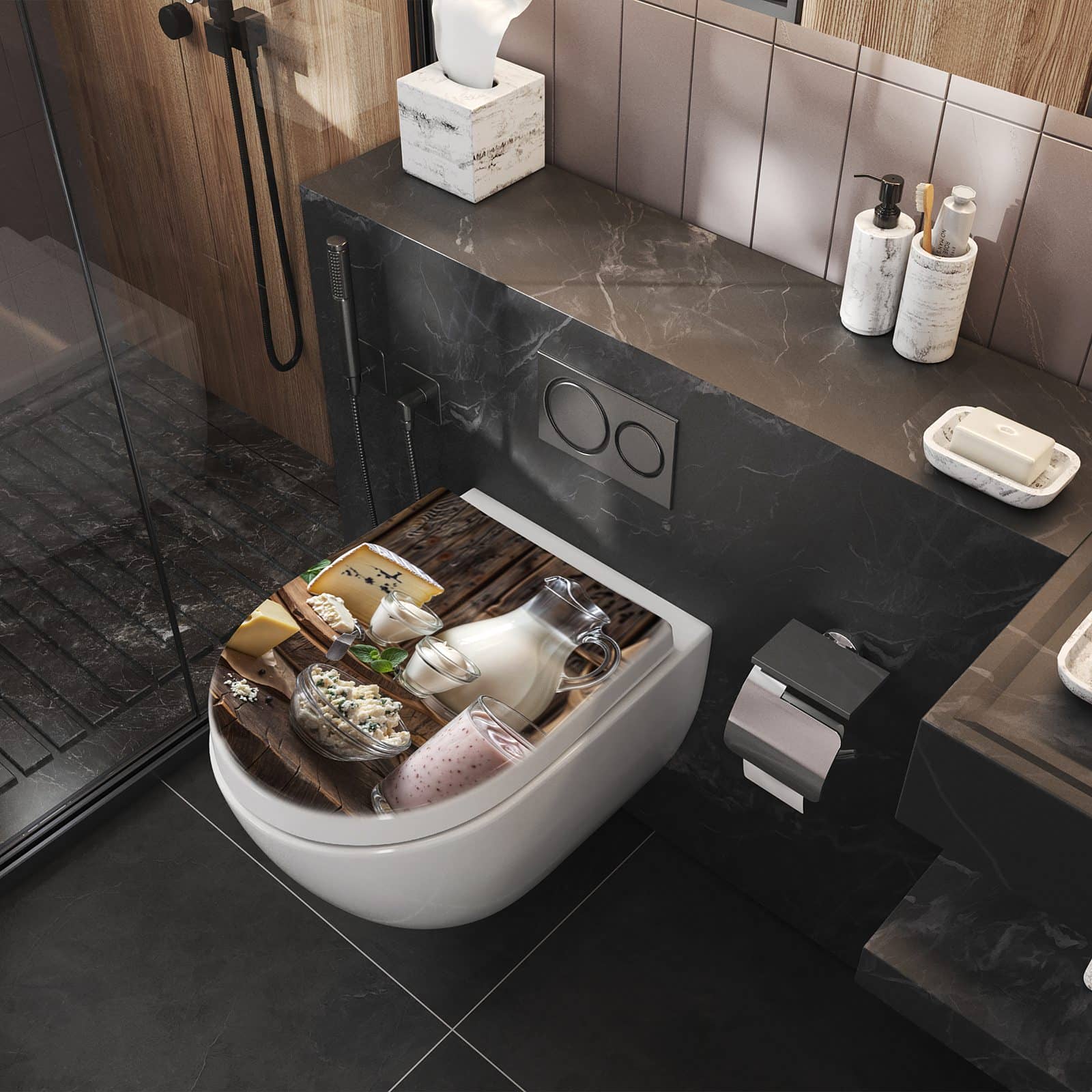 WC-Sitz mit Absenkautomatik Käseplatte mit Milch