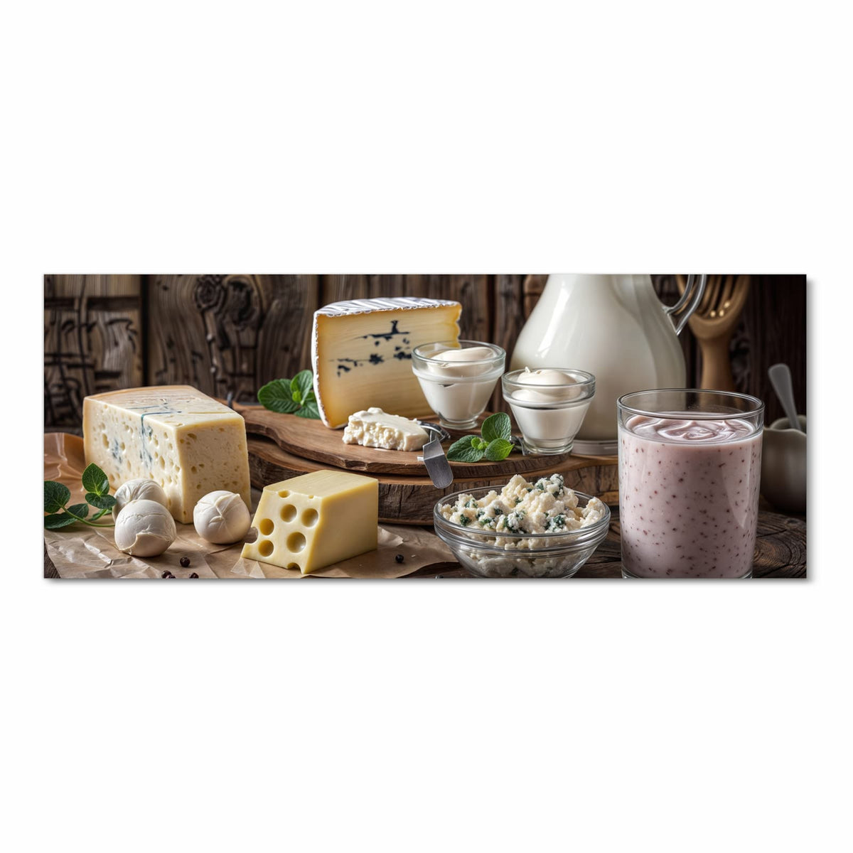 Langlebiger waschbarer Küchenteppich mit Motiv Käseplatte mit Milch in Frontansicht