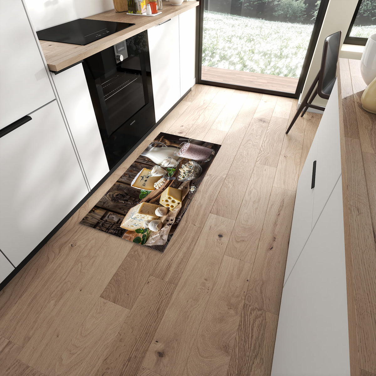 Langlebiger rutschfester Küchenläufer mit Motiv Käseplatte mit Milch in moderner Küche #grösse_60 x 120 cm