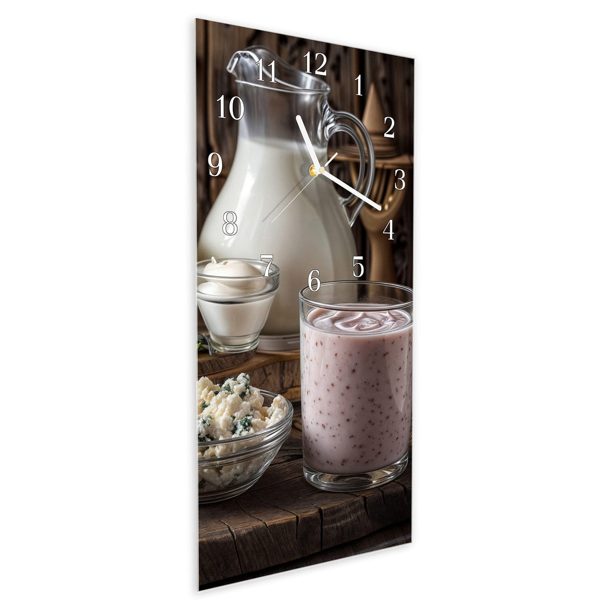 Vormontiert – mit Schwebeeffekt – Wanduhr Käseplatte mit Milch aus Glas – Hochformat 30 × 60 cm