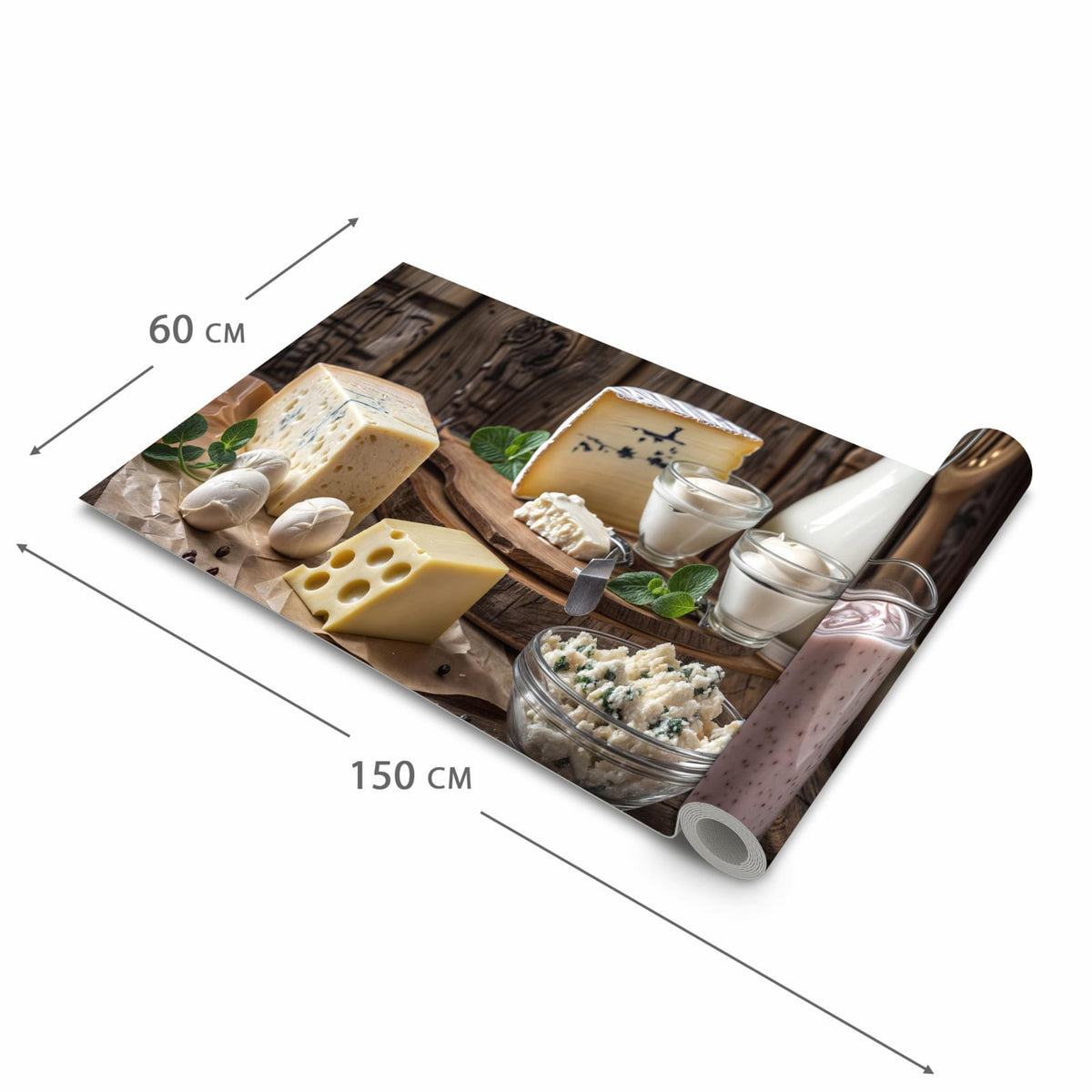 Feuchtigkeitsresistenter moderner Küchenläufer mit Motiv Käseplatte mit Milch in der Grösse 60x120 cm