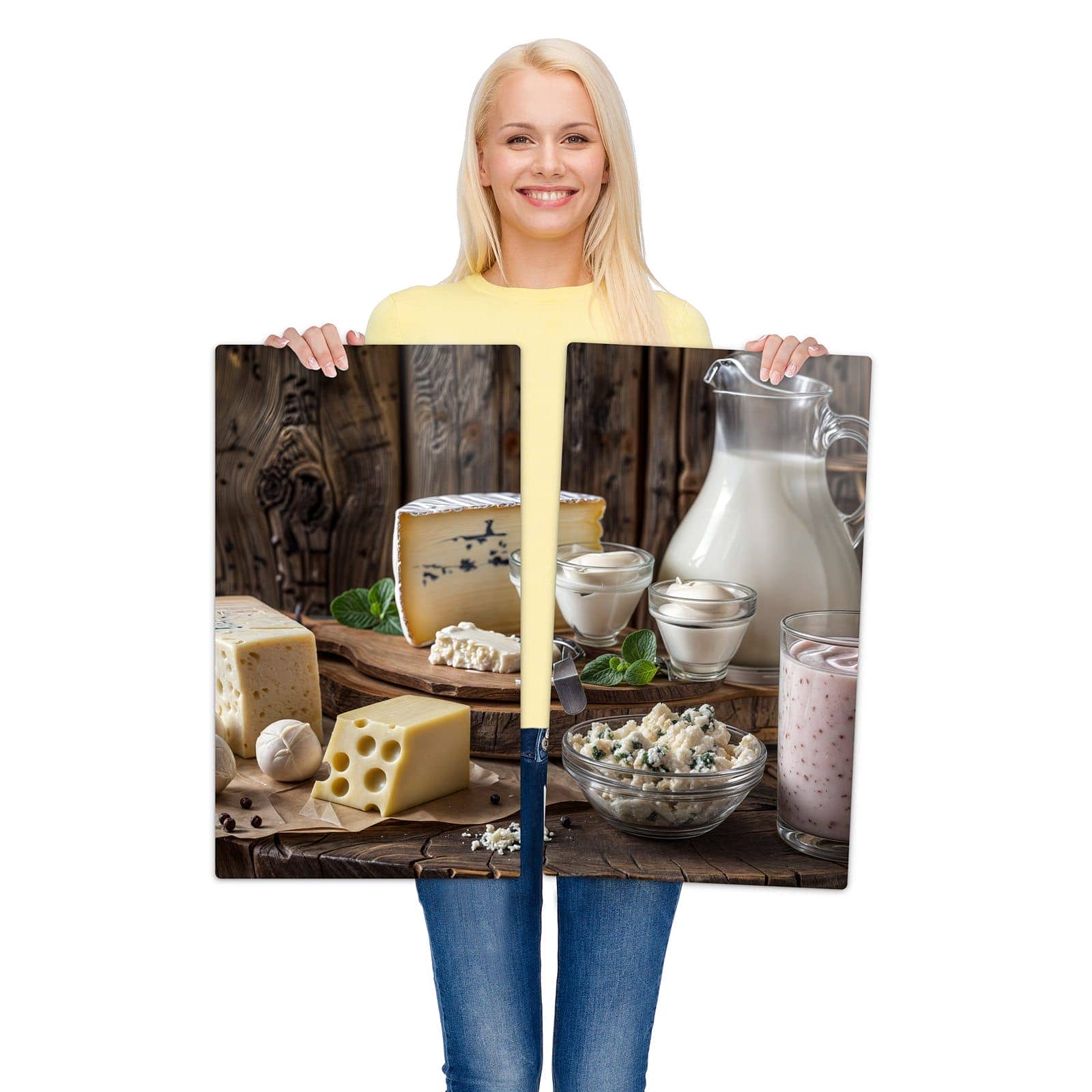 2-teilige Herdabdeckplatte mit Käseplatte mit Milch-Motiv wird zur Größendarstellung gehalten