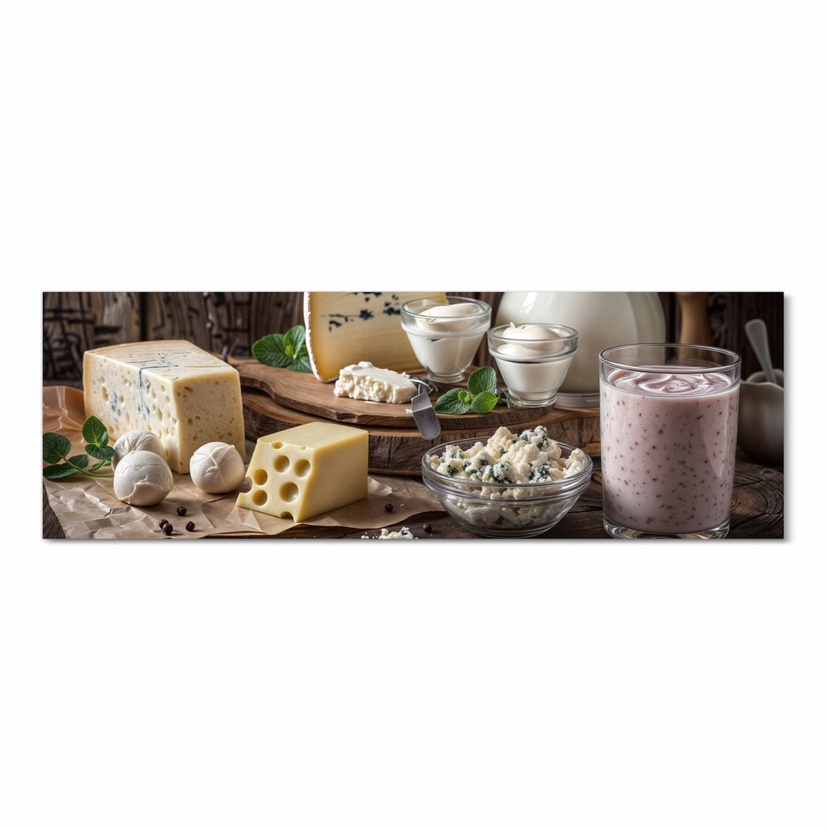 Flacher großer Küchenteppich mit Motiv Käseplatte mit Milch in Frontansicht