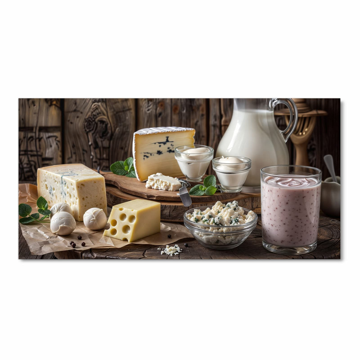 Geruchsneutraler waschbarer Küchenteppich mit Motiv Käseplatte mit Milch in Frontansicht