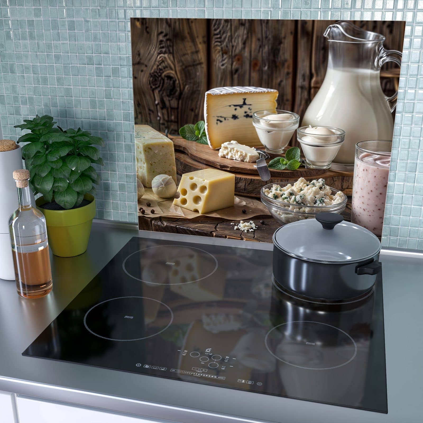 1-teilige Herdabdeckplatte mit Käseplatte mit Milch-Motiv als Spritzschutz hinter dem Kochfeld