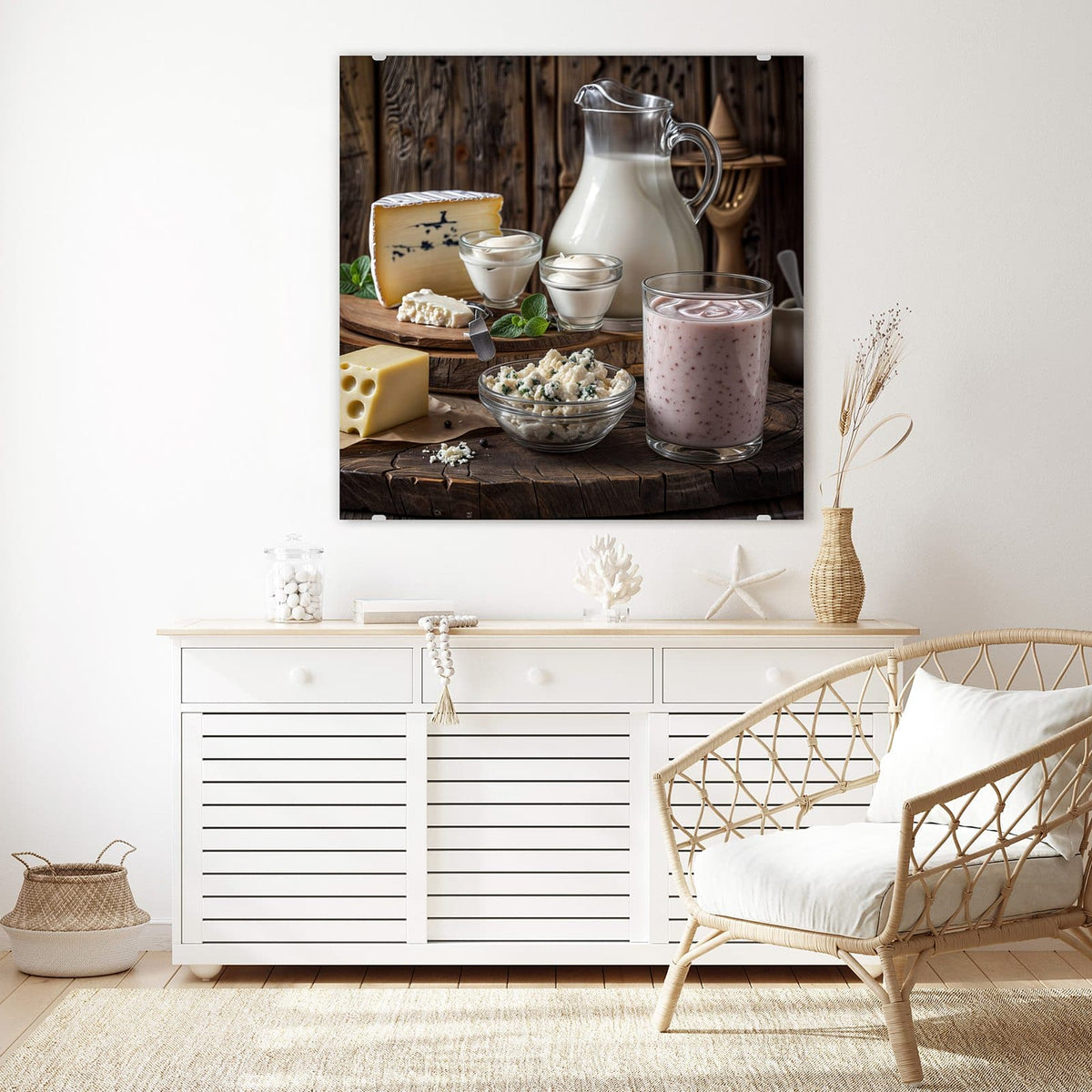 Glasbild Käseplatte mit Milch an der Wand – Käsestücke auf Brett, Milchkrug, Quark und Beerenjoghurt auf rustikalem Holz