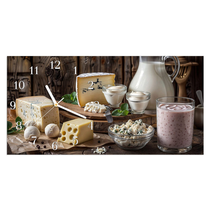 Wanduhr Käseplatte mit Milch aus Glas – Querformat 60 × 30 cm mit Ziffernblatt Klassisch