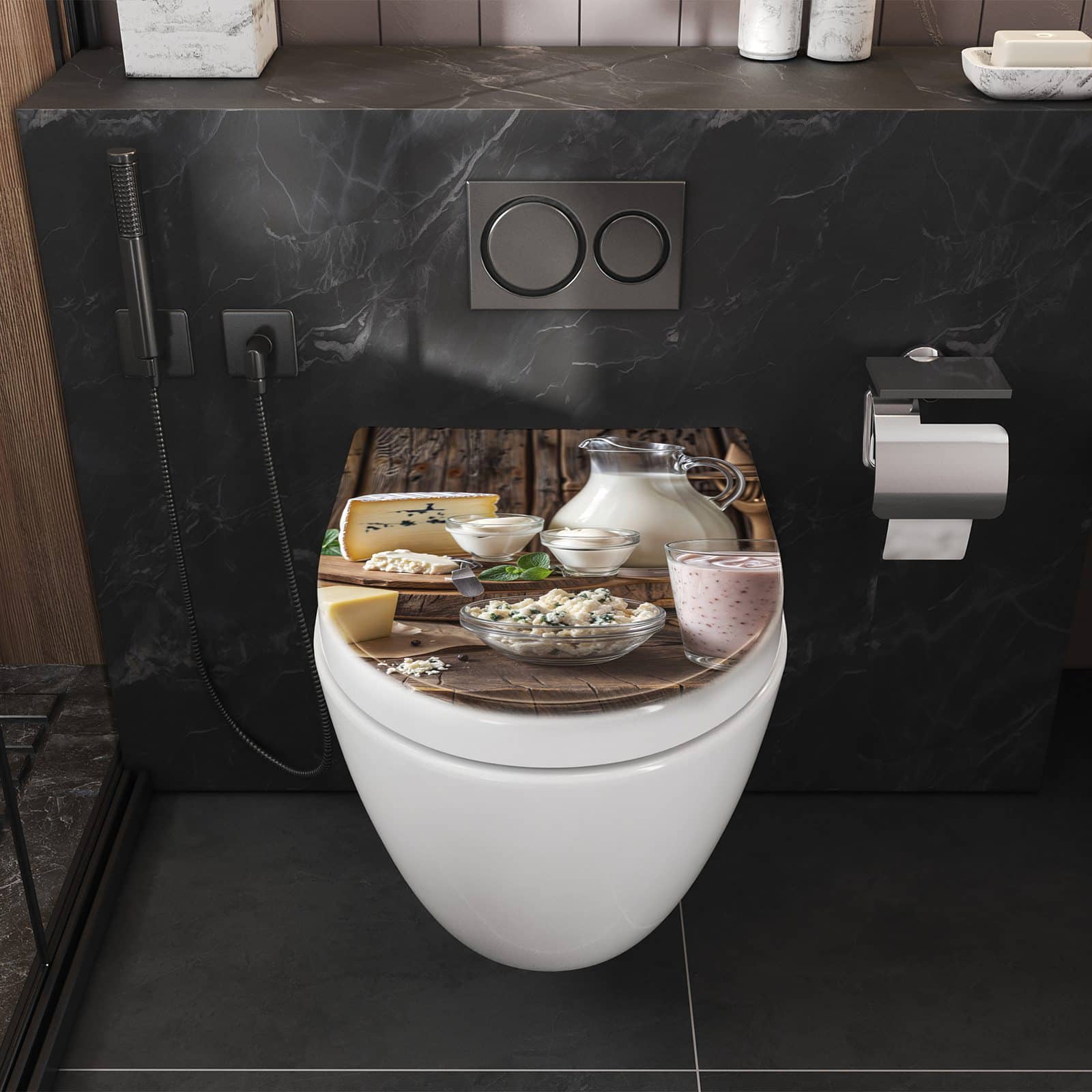WC-Sitz mit Absenkautomatik Käseplatte mit Milch