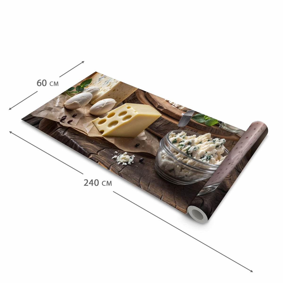 Waschbarer Küchenläufer mit Motiv Käseplatte mit Milch in der Grösse 60x120 cm für Ordnung