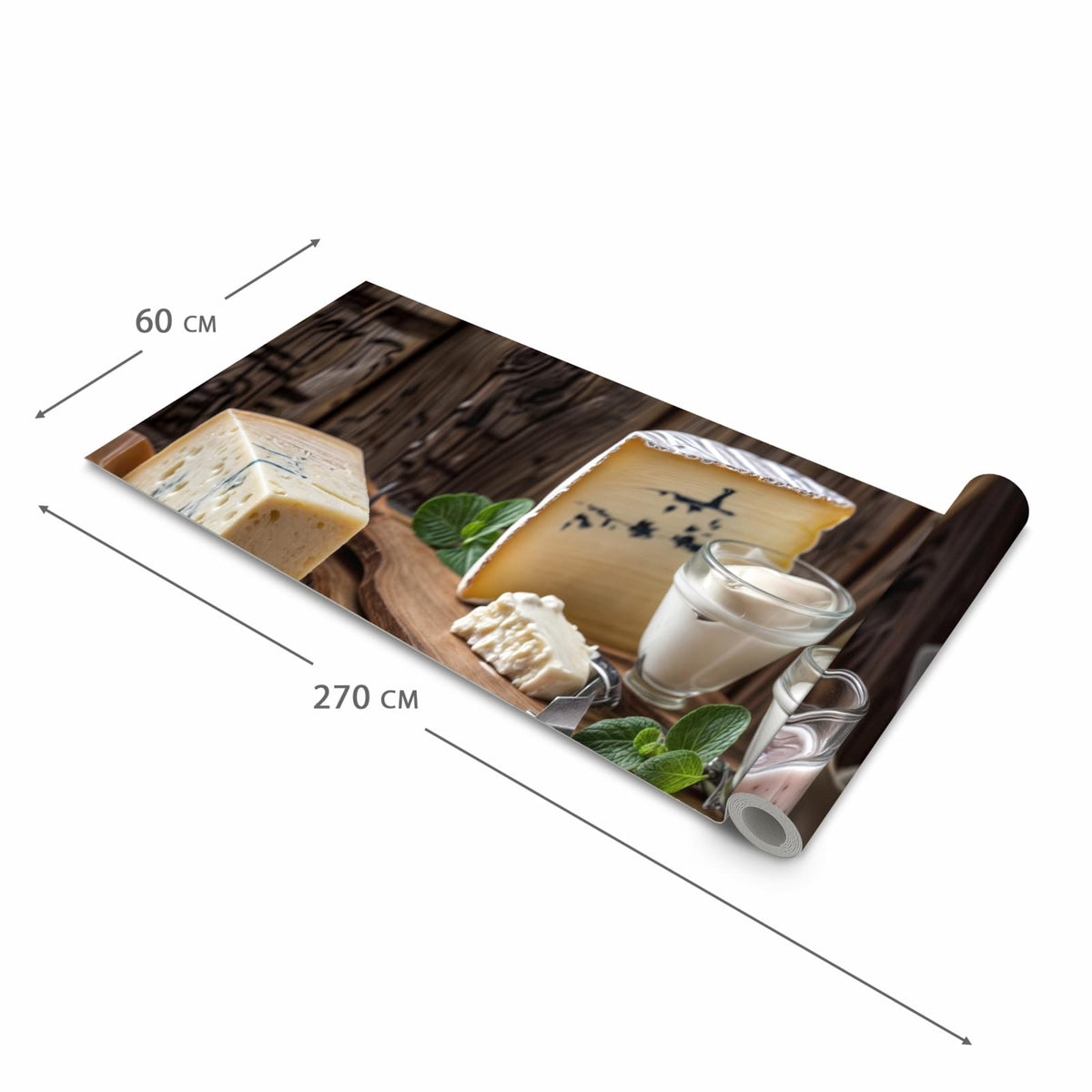 Bodenschonender moderner Küchenläufer mit Motiv Käseplatte mit Milch in der Grösse 60x120 cm