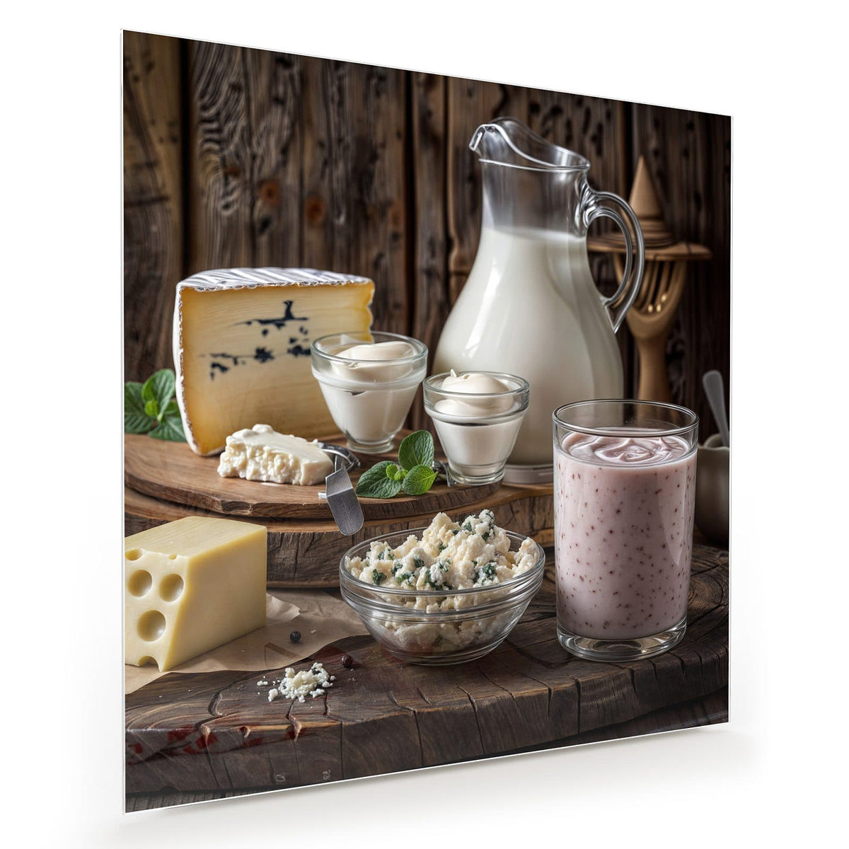 Käsestücke auf Brett, Milchkrug, Quark und Beerenjoghurt auf rustikalem Holz
