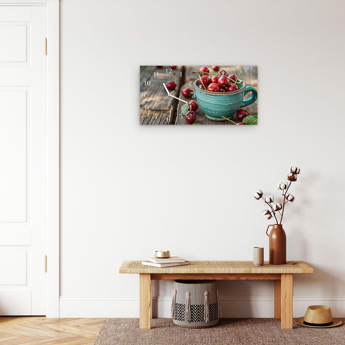 Moderne Wanduhr aus Glas mit Farbtiefe – Wanduhr Tasse mit Kirschen aus Glas – Querformat 60 × 30 cm