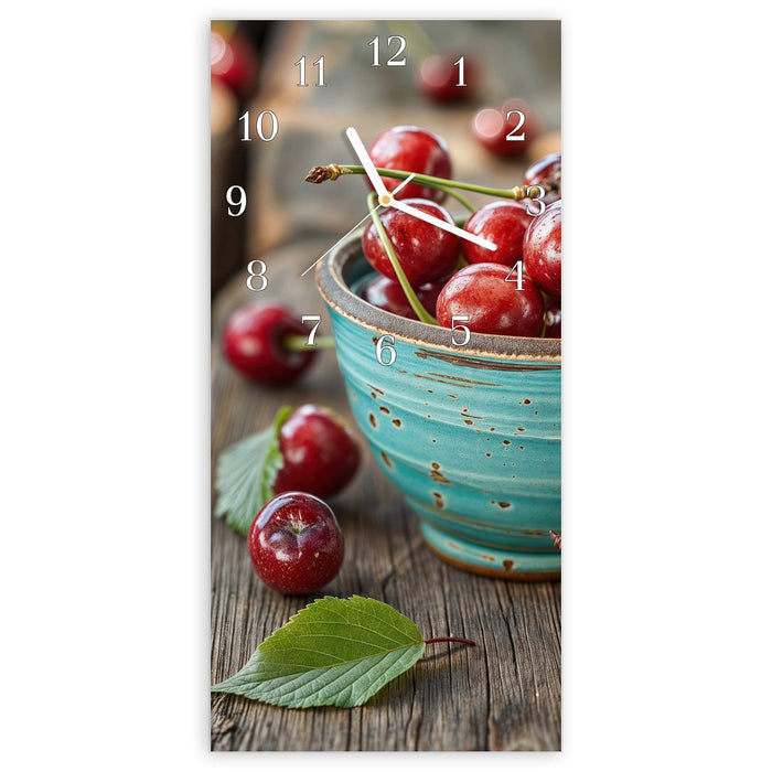 Wanduhr Tasse mit Kirschen aus Glas – Hochformat 30 × 60 cm mit Ziffernblatt Klassisch