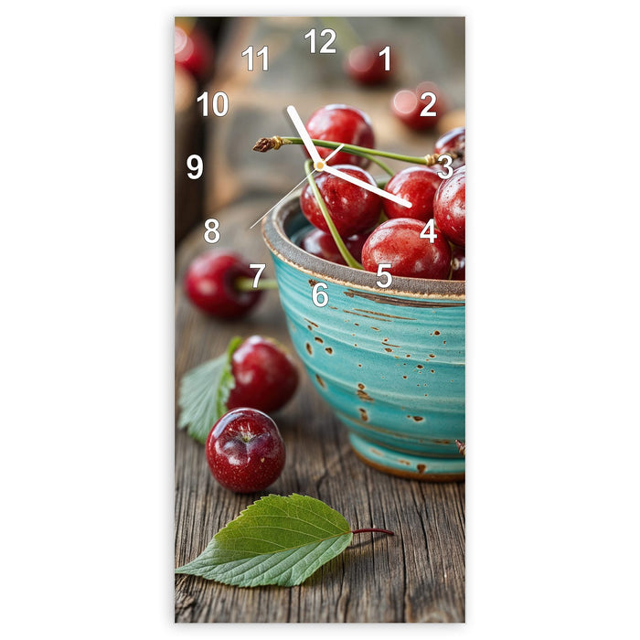 Wanduhr Tasse mit Kirschen aus Glas – Hochformat 30 × 60 cm mit Ziffernblatt Modern