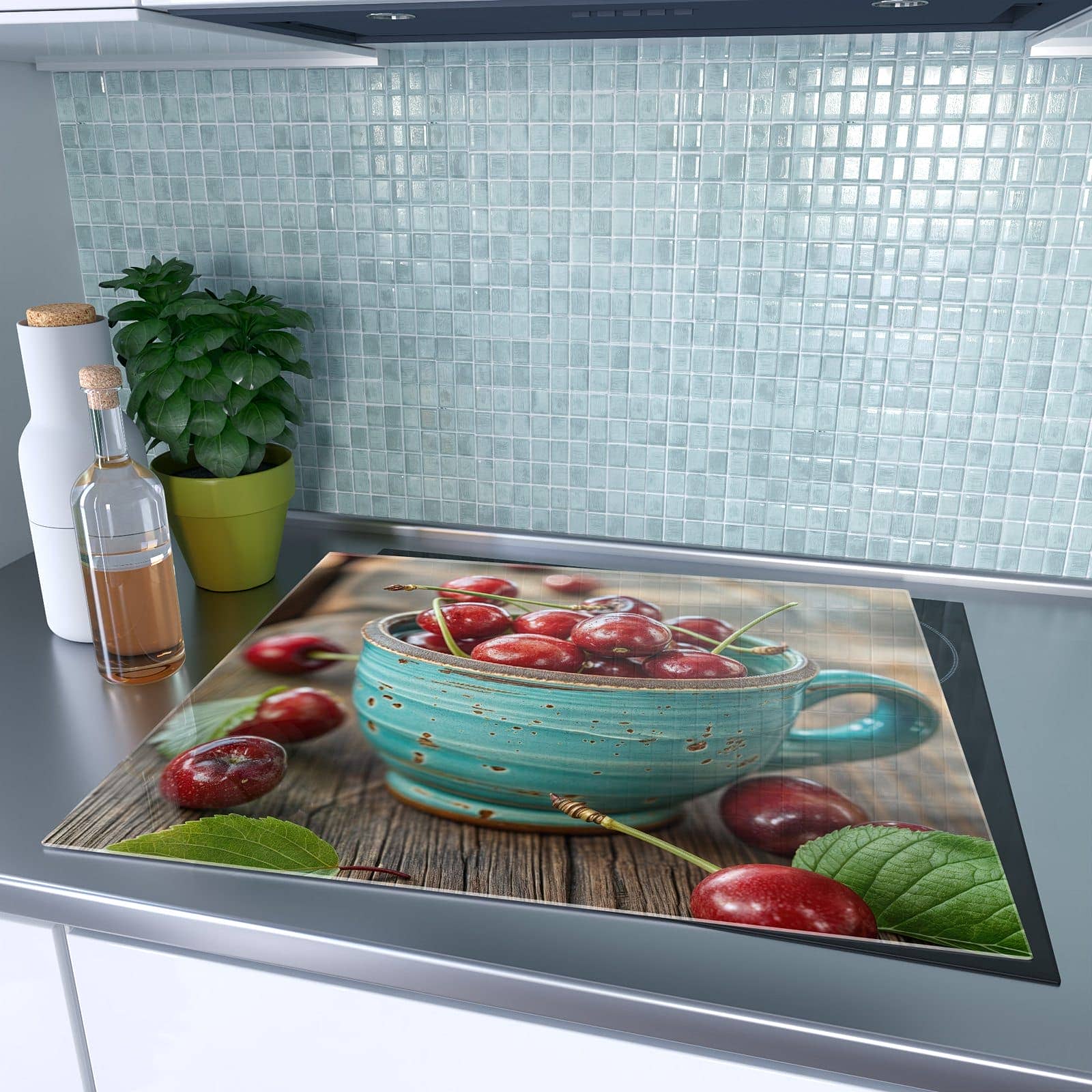 1-teilige Ceranfeld Abdeckung mit Tasse mit Kirschen-Motiv auf dem Ceranfeld