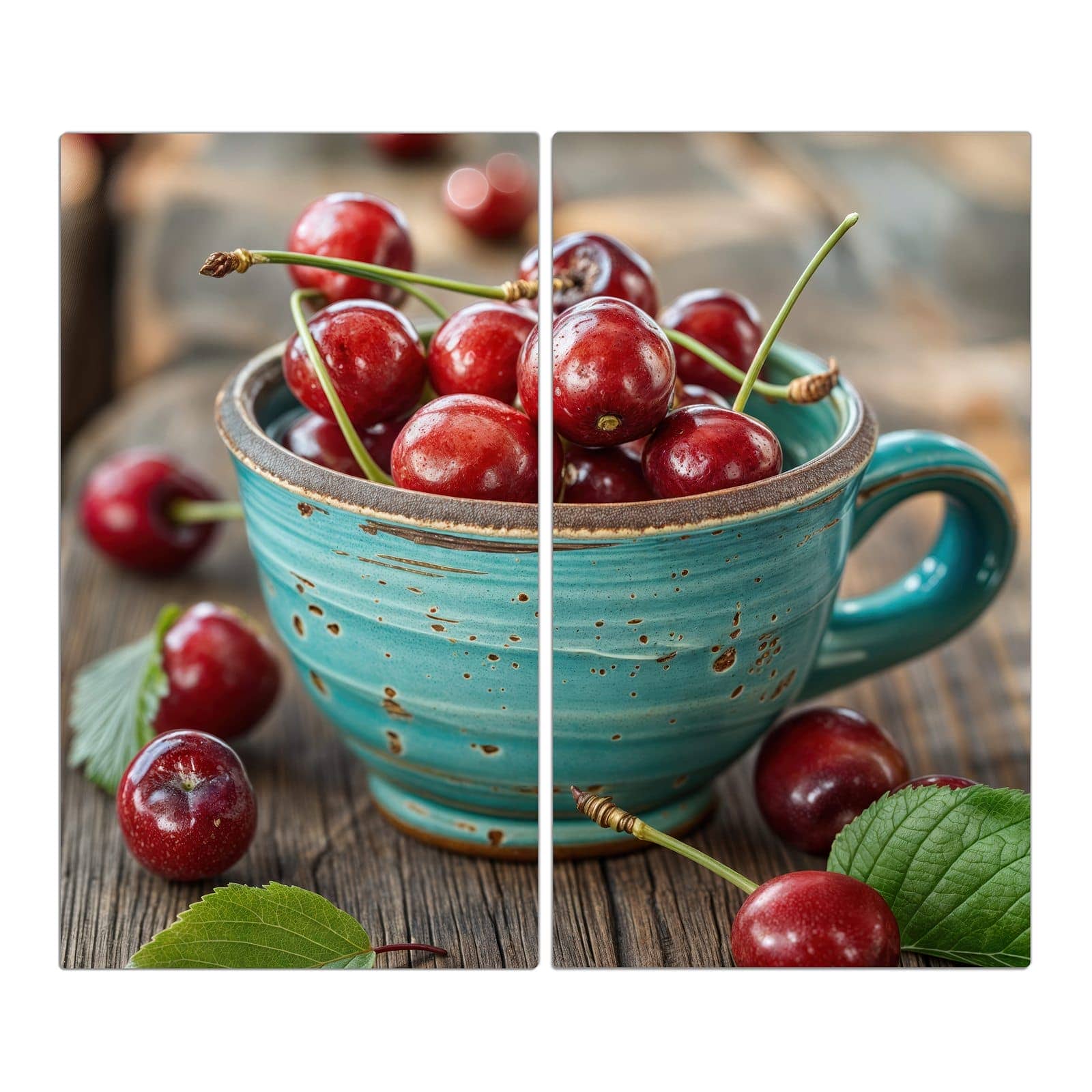 2-teilige Abdeckplatten für den Herd mit Tasse mit Kirschen-Motiv in der Frontansicht #grösse_2-Teilig (60x52cm)