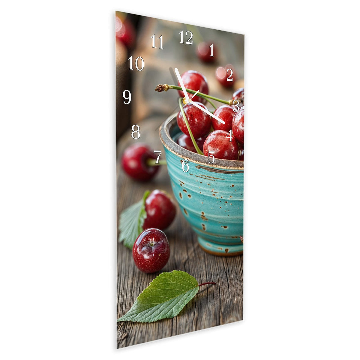 Vormontiert – mit Schwebeeffekt – Wanduhr Tasse mit Kirschen aus Glas – Hochformat 30 × 60 cm
